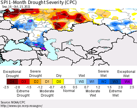 Russian Federation SPI 1-Month Drought Severity (CPC) Thematic Map For 9/16/2021 - 10/15/2021