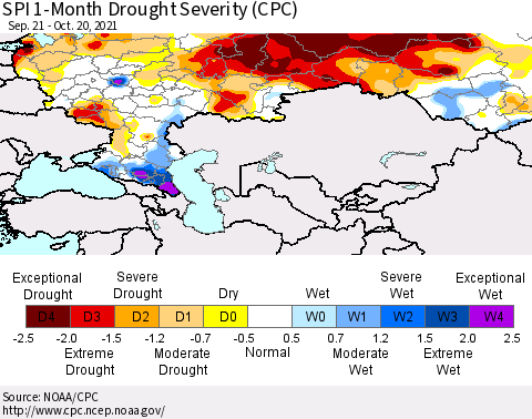 Russian Federation SPI 1-Month Drought Severity (CPC) Thematic Map For 9/21/2021 - 10/20/2021