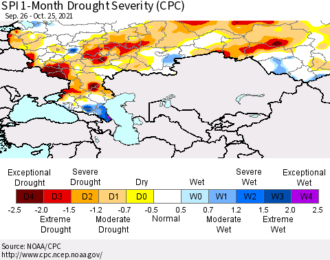Russian Federation SPI 1-Month Drought Severity (CPC) Thematic Map For 9/26/2021 - 10/25/2021