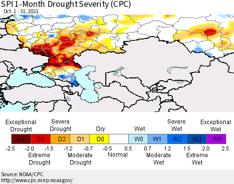 Russian Federation SPI 1-Month Drought Severity (CPC) Thematic Map For 10/1/2021 - 10/31/2021