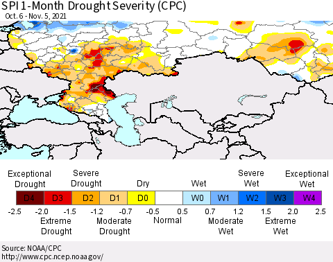 Russian Federation SPI 1-Month Drought Severity (CPC) Thematic Map For 10/6/2021 - 11/5/2021
