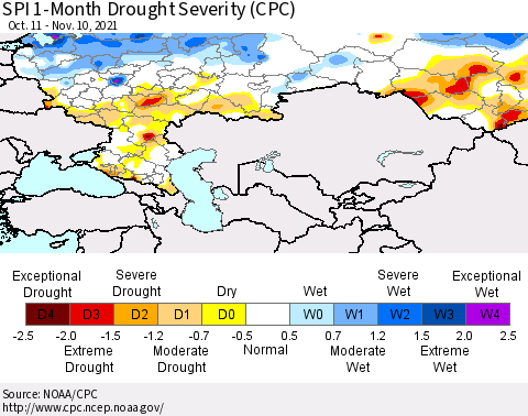 Russian Federation SPI 1-Month Drought Severity (CPC) Thematic Map For 10/11/2021 - 11/10/2021