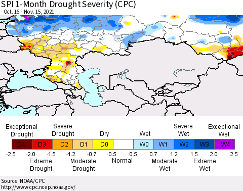 Russian Federation SPI 1-Month Drought Severity (CPC) Thematic Map For 10/16/2021 - 11/15/2021