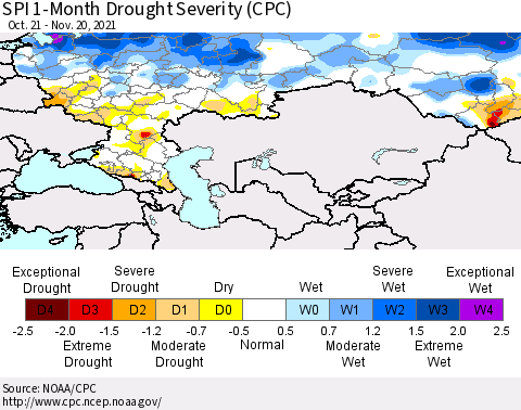 Russian Federation SPI 1-Month Drought Severity (CPC) Thematic Map For 10/21/2021 - 11/20/2021