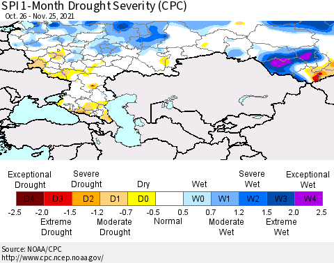Russian Federation SPI 1-Month Drought Severity (CPC) Thematic Map For 10/26/2021 - 11/25/2021