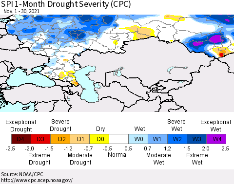 Russian Federation SPI 1-Month Drought Severity (CPC) Thematic Map For 11/1/2021 - 11/30/2021