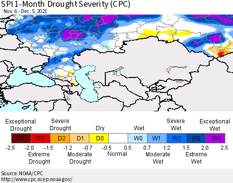 Russian Federation SPI 1-Month Drought Severity (CPC) Thematic Map For 11/6/2021 - 12/5/2021