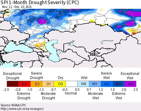 Russian Federation SPI 1-Month Drought Severity (CPC) Thematic Map For 11/11/2021 - 12/10/2021