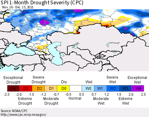 Russian Federation SPI 1-Month Drought Severity (CPC) Thematic Map For 11/16/2021 - 12/15/2021