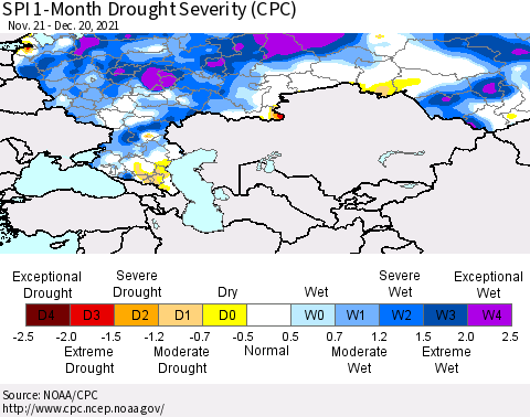 Russian Federation SPI 1-Month Drought Severity (CPC) Thematic Map For 11/21/2021 - 12/20/2021