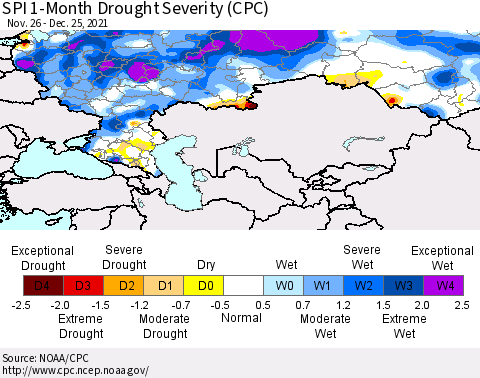 Russian Federation SPI 1-Month Drought Severity (CPC) Thematic Map For 11/26/2021 - 12/25/2021