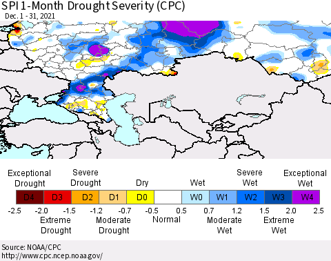 Russian Federation SPI 1-Month Drought Severity (CPC) Thematic Map For 12/1/2021 - 12/31/2021