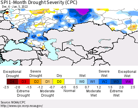 Russian Federation SPI 1-Month Drought Severity (CPC) Thematic Map For 12/6/2021 - 1/5/2022