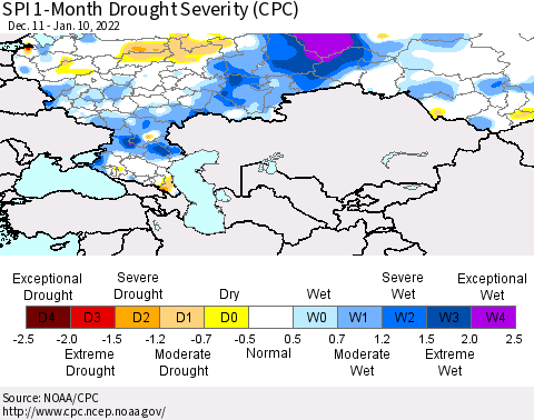 Russian Federation SPI 1-Month Drought Severity (CPC) Thematic Map For 12/11/2021 - 1/10/2022