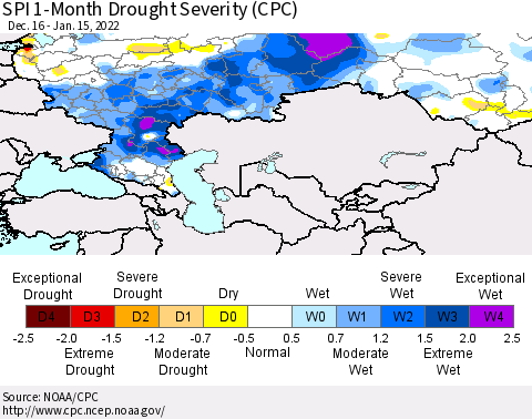 Russian Federation SPI 1-Month Drought Severity (CPC) Thematic Map For 12/16/2021 - 1/15/2022