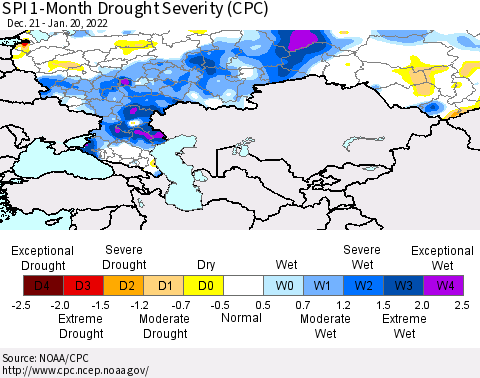 Russian Federation SPI 1-Month Drought Severity (CPC) Thematic Map For 12/21/2021 - 1/20/2022