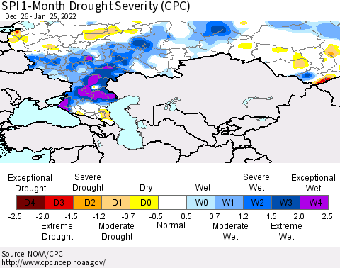 Russian Federation SPI 1-Month Drought Severity (CPC) Thematic Map For 12/26/2021 - 1/25/2022