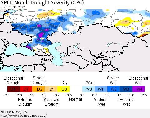 Russian Federation SPI 1-Month Drought Severity (CPC) Thematic Map For 1/1/2022 - 1/31/2022