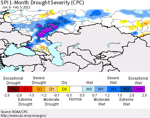 Russian Federation SPI 1-Month Drought Severity (CPC) Thematic Map For 1/6/2022 - 2/5/2022