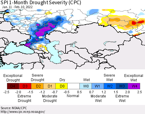 Russian Federation SPI 1-Month Drought Severity (CPC) Thematic Map For 1/11/2022 - 2/10/2022
