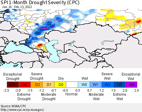Russian Federation SPI 1-Month Drought Severity (CPC) Thematic Map For 1/16/2022 - 2/15/2022
