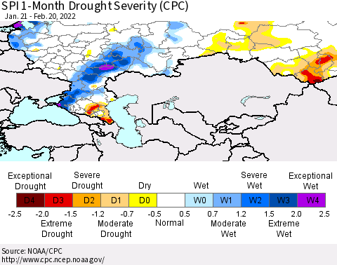 Russian Federation SPI 1-Month Drought Severity (CPC) Thematic Map For 1/21/2022 - 2/20/2022