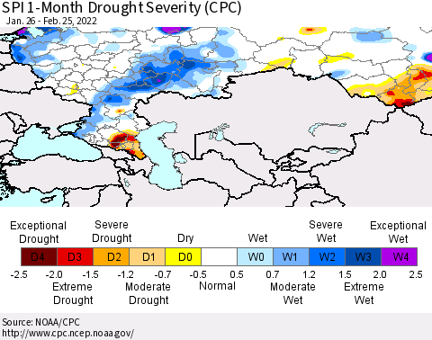 Russian Federation SPI 1-Month Drought Severity (CPC) Thematic Map For 1/26/2022 - 2/25/2022