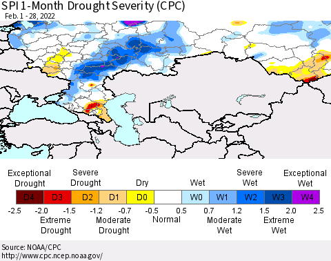 Russian Federation SPI 1-Month Drought Severity (CPC) Thematic Map For 2/1/2022 - 2/28/2022