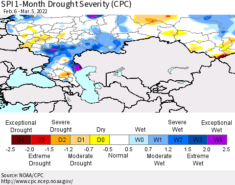 Russian Federation SPI 1-Month Drought Severity (CPC) Thematic Map For 2/6/2022 - 3/5/2022