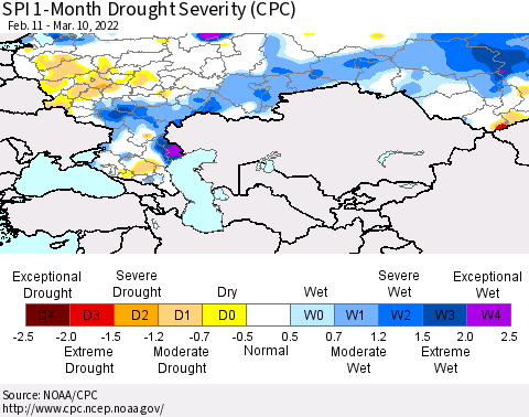 Russian Federation SPI 1-Month Drought Severity (CPC) Thematic Map For 2/11/2022 - 3/10/2022