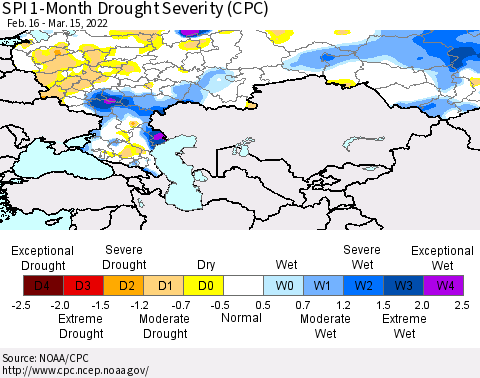 Russian Federation SPI 1-Month Drought Severity (CPC) Thematic Map For 2/16/2022 - 3/15/2022