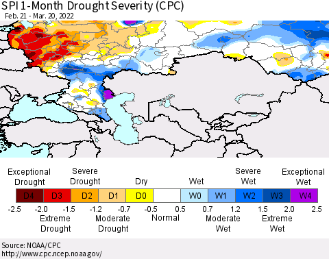 Russian Federation SPI 1-Month Drought Severity (CPC) Thematic Map For 2/21/2022 - 3/20/2022