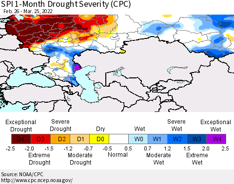 Russian Federation SPI 1-Month Drought Severity (CPC) Thematic Map For 2/26/2022 - 3/25/2022