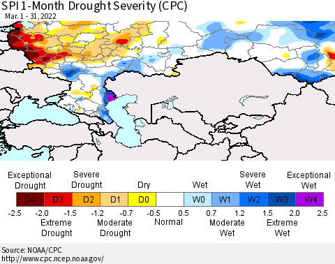 Russian Federation SPI 1-Month Drought Severity (CPC) Thematic Map For 3/1/2022 - 3/31/2022