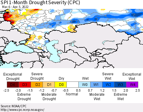 Russian Federation SPI 1-Month Drought Severity (CPC) Thematic Map For 3/6/2022 - 4/5/2022