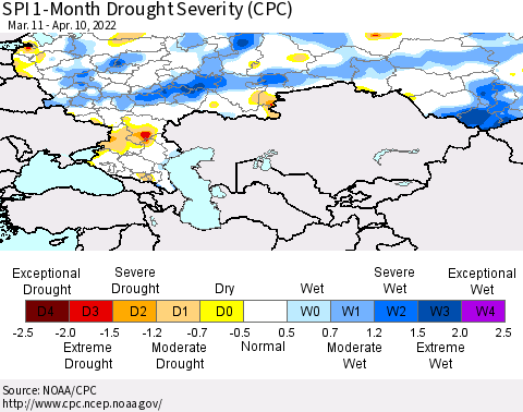 Russian Federation SPI 1-Month Drought Severity (CPC) Thematic Map For 3/11/2022 - 4/10/2022