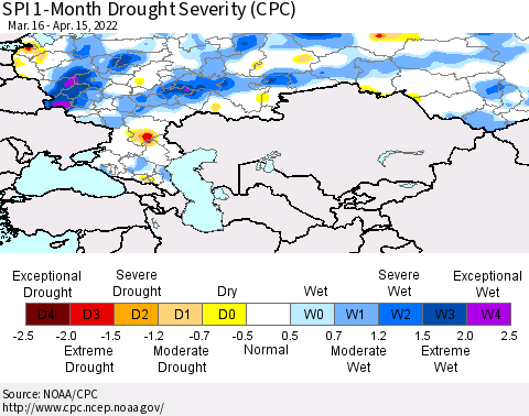 Russian Federation SPI 1-Month Drought Severity (CPC) Thematic Map For 3/16/2022 - 4/15/2022