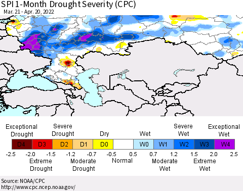 Russian Federation SPI 1-Month Drought Severity (CPC) Thematic Map For 3/21/2022 - 4/20/2022