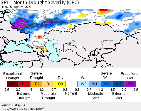 Russian Federation SPI 1-Month Drought Severity (CPC) Thematic Map For 3/26/2022 - 4/25/2022