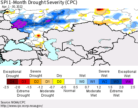 Russian Federation SPI 1-Month Drought Severity (CPC) Thematic Map For 4/1/2022 - 4/30/2022