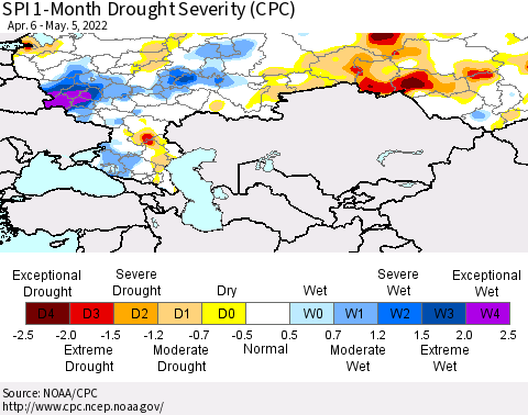 Russian Federation SPI 1-Month Drought Severity (CPC) Thematic Map For 4/6/2022 - 5/5/2022