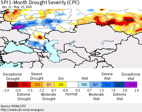 Russian Federation SPI 1-Month Drought Severity (CPC) Thematic Map For 4/11/2022 - 5/10/2022