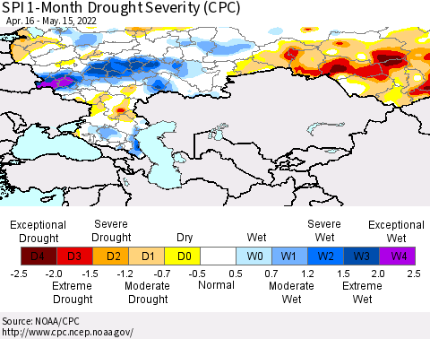 Russian Federation SPI 1-Month Drought Severity (CPC) Thematic Map For 4/16/2022 - 5/15/2022