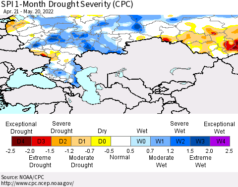 Russian Federation SPI 1-Month Drought Severity (CPC) Thematic Map For 4/21/2022 - 5/20/2022