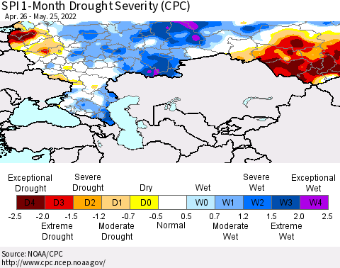 Russian Federation SPI 1-Month Drought Severity (CPC) Thematic Map For 4/26/2022 - 5/25/2022