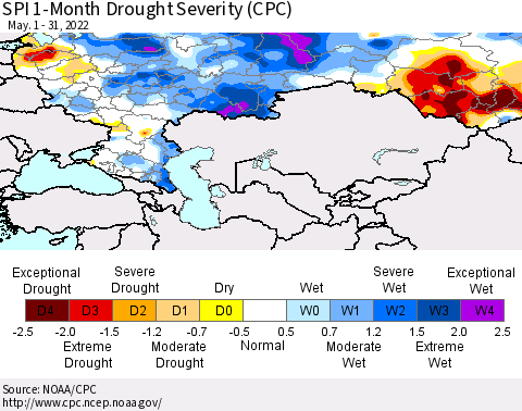 Russian Federation SPI 1-Month Drought Severity (CPC) Thematic Map For 5/1/2022 - 5/31/2022