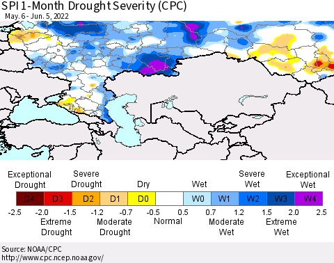 Russian Federation SPI 1-Month Drought Severity (CPC) Thematic Map For 5/6/2022 - 6/5/2022
