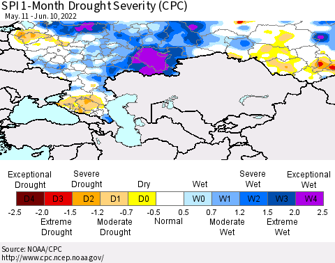 Russian Federation SPI 1-Month Drought Severity (CPC) Thematic Map For 5/11/2022 - 6/10/2022