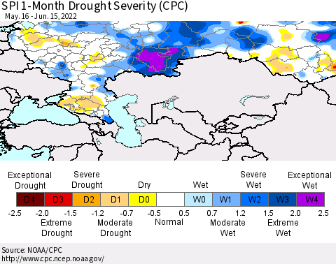 Russian Federation SPI 1-Month Drought Severity (CPC) Thematic Map For 5/16/2022 - 6/15/2022