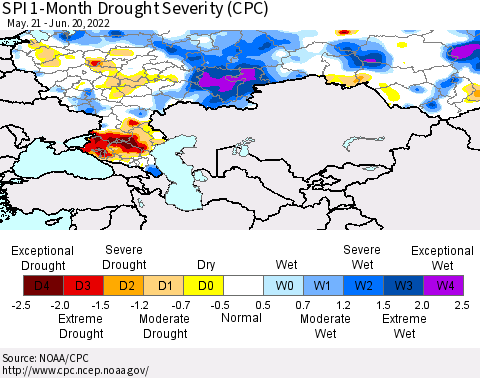 Russian Federation SPI 1-Month Drought Severity (CPC) Thematic Map For 5/21/2022 - 6/20/2022